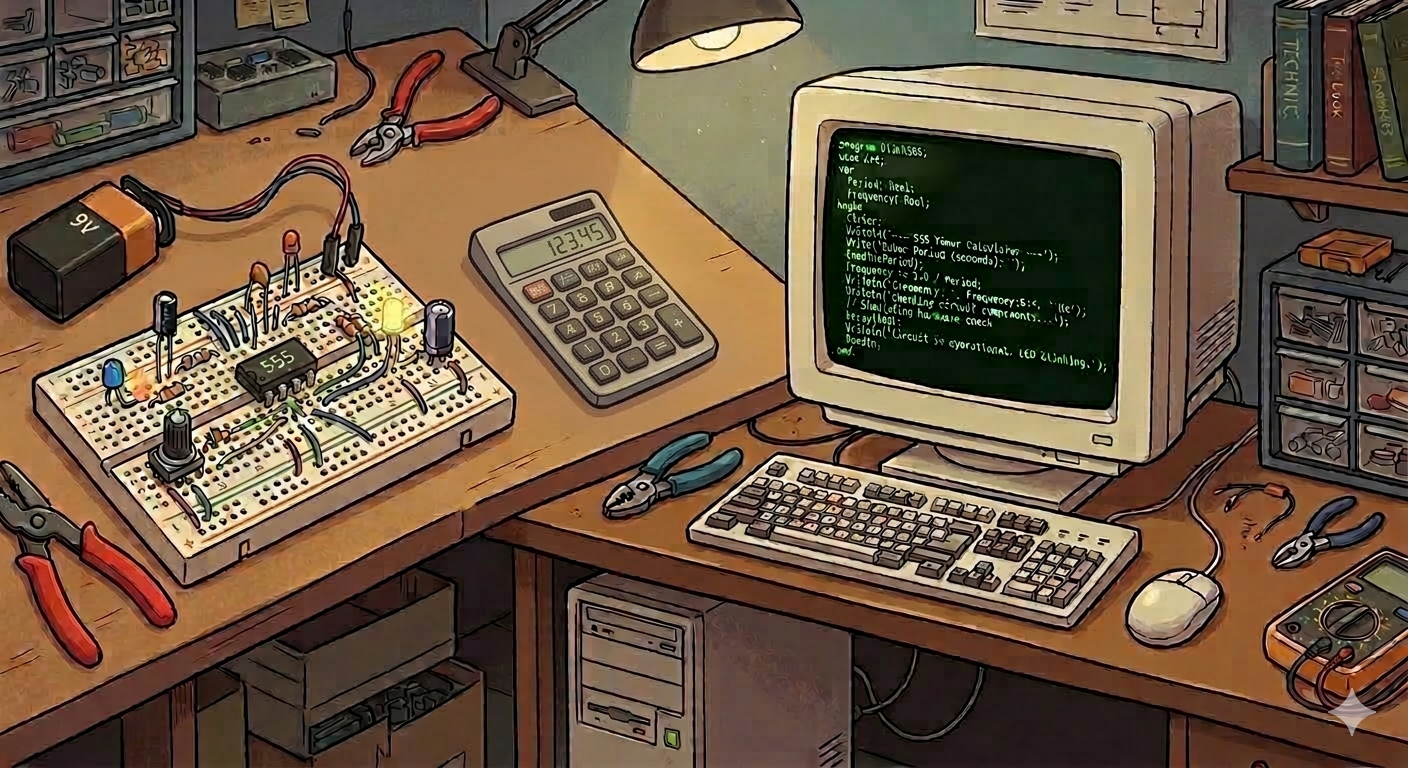 O CI NE555 cercado de código Pascal — meu primeiro programa de verdade CI 555 com calculadora e código Pascal